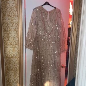 Gold Sequin Long Sleeve Gown with V-Neck